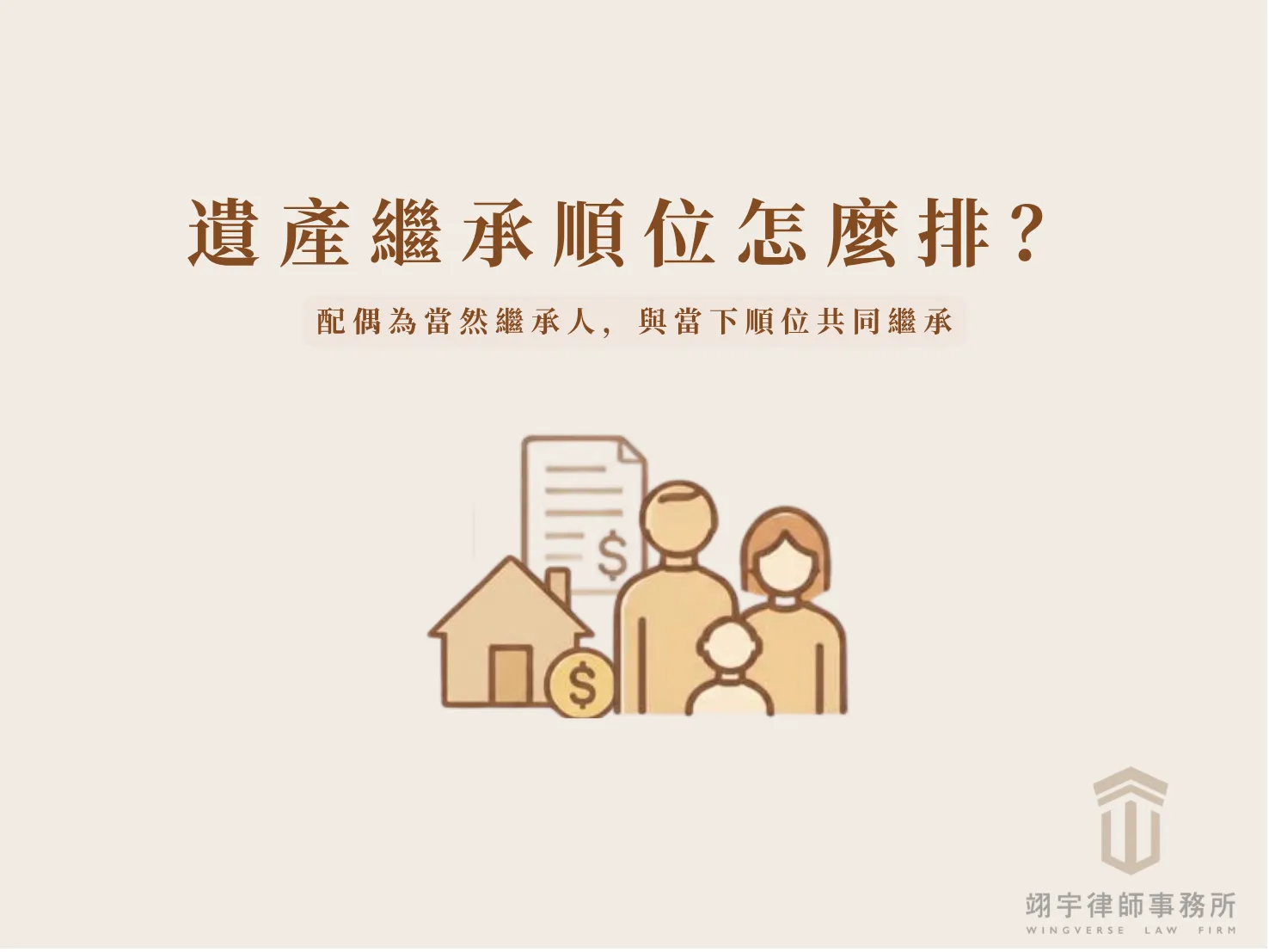 遺產繼承順位圖解，配偶為當然繼承人，法定繼承人依序為子女、父母、兄弟姊妹及祖父母