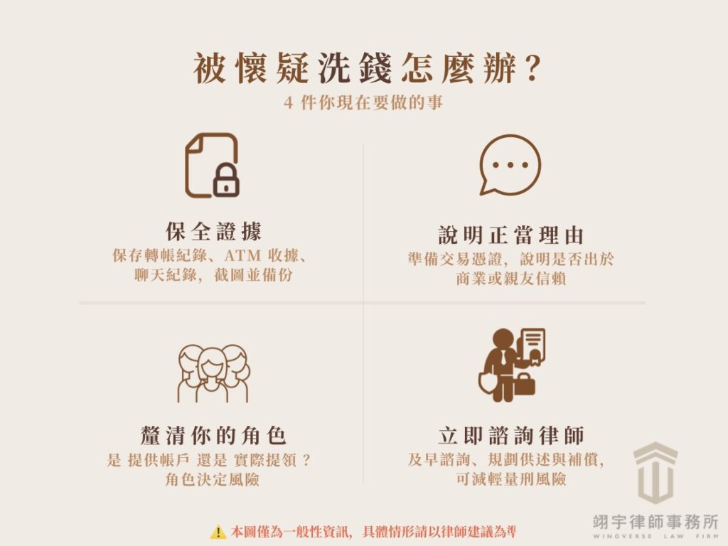 被懷疑洗錢怎麼辦：保存轉帳紀錄、說明正當理由、釐清角色、立即諮詢律師