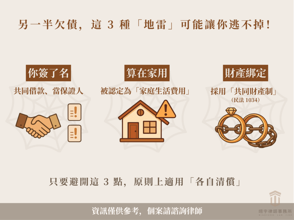 婚前債務會影響另一半嗎？夫欠債妻要還嗎？另一半欠債這3種地雷逃不掉：共同簽名、家庭生活費、共同財產制。避開地雷才能避免另一半欠債可以扣我存款嗎、債權人可以查封配偶的財產嗎，或是遭強制執行配偶財產。